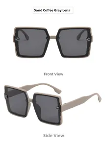 Detail view of square matte brown sunglasses with grey lenses and 'G' metal logo hinge