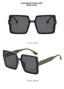 Front and profile views of matte green oversized square sunglasses with metal hinge detail