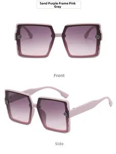 Detail view showing sand purple square frame with gradient lenses and metal G-logo temple