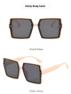 Front and side view of matte ivory square sunglasses with silver G-logo detail