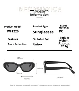 Specifiche dettagliate delle dimensioni per occhiali da sole cat-eye WF1226 larghezza 147mm