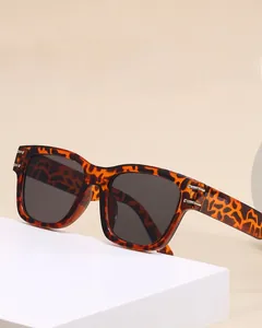 Detail of tortoise shell sunglasses frame with silver metal hinge and dark lenses