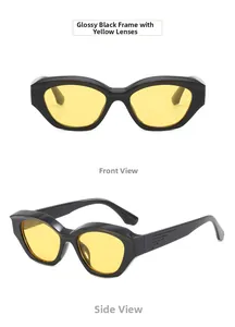 Dettagli occhiali da sole cat-eye neri con lenti arancioni e stanghette con texture ala