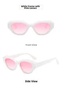 Vista frontale e laterale di occhiali da sole cat-eye bianchi con lenti rosa sfumate