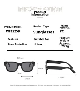 Detailed sizing chart and specifications for PC frame sunglasses model WF1225B