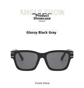 Front view of black square sunglasses with silver metal stripes on the temples
