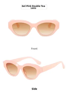 Vista frontale e laterale di occhiali da sole cat-eye rosa gelatina con lenti sfumate marroni
