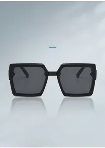 Macro detail of large square sunglasses with silver rivet accents and wide nose pads