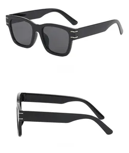 Detailed side and back views of black square sunglasses with silver metal accents