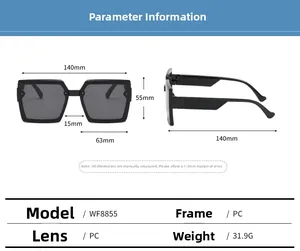 Detailed size chart and dimensions of the black square frame sunglasses model WF8855