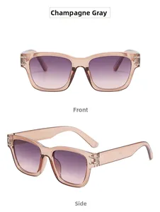Front and side views of champagne grey sunglasses with purple gradient lenses and silver hinge