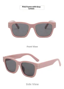 Detail view of pink matte sunglasses with gray lenses showing front and side profiles