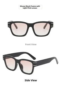 Front and side view of black square sunglasses with gradient pink lenses and metal accents