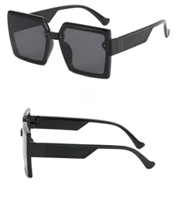 Side and back view of retro square black sunglasses with thick frames and dark lenses