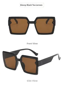 Detailed front and side views of square glossy black sunglasses with brown tinted lenses
