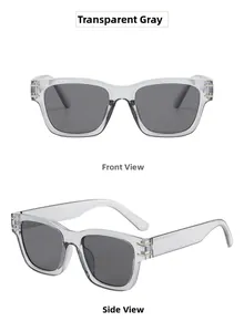 Detail view of transparent grey sunglasses with rectangular frame and gold temple accents