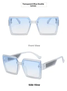 Front and side views of frosted transparent square sunglasses with blue gradient lenses