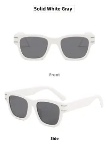 Detailed front and side view of white square frame sunglasses with grey lenses