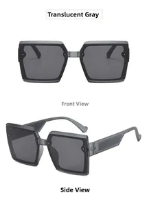 Front and side views of matte transparent grey square sunglasses with dark lenses