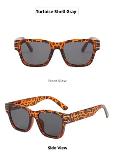 Detailed front and side view of retro tortoiseshell sunglasses with gray lenses