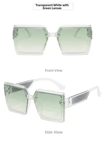 Front and side views of square sunglasses with transparent frames and green gradient lenses