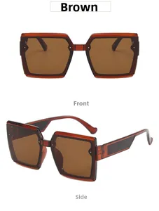 Retro brown square frame sunglasses with metal rivet detail shown in front and side views