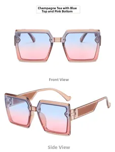 Square champagne sunglasses with blue-pink gradient lenses shown in front and side views