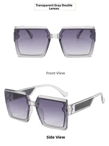 Front and side view of square transparent grey sunglasses with grey gradient lenses