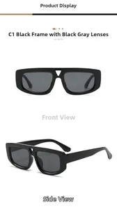 Detail view of C1 black triangle cat eye sunglasses with dark grey UV protective lenses