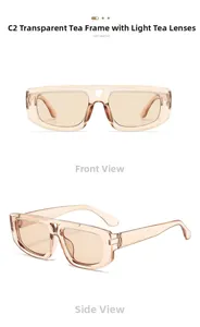 Front and side view of cat-eye sunglasses with transparent tea acetate frame and lenses