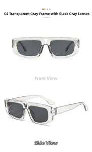 Detailed views of transparent gray cat-eye sunglasses with V-shaped bridge design