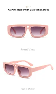Pink cat-eye sunglasses with purple gradient lenses and triangle frame details