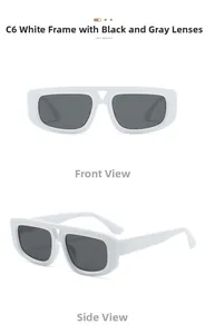 Detail view of bold white triangle sunglasses with dark lenses from front and side angles