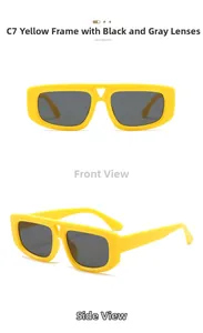 Front and side views of trendy triangular sunglasses with yellow frames and dark lenses
