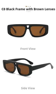 Detail view of black frame sunglasses with brown lenses and triangle metal accents