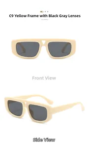 Front and side views of chunky cream rectangle sunglasses with dark gray lenses