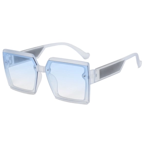 Futuristic square sunglasses with frosted white frames and blue gradient lenses