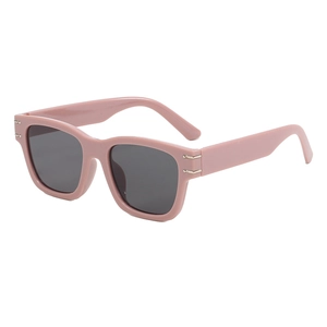 Pink retro square frame sunglasses for women with dark lenses and silver metal details