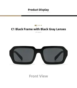 Vue de face de lunettes de soleil rectangulaires rétro avec monture noire et verres gris