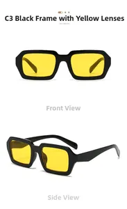 Vue détaillée des lunettes de soleil rectangulaires avec monture noire et verres jaunes