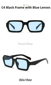 Lunettes de soleil rétro à monture noire épaisse et verres bleu clair, vues multiples