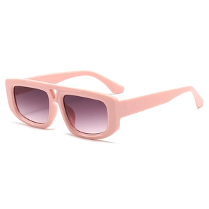 Pink frame cat-eye sunglasses with purple gradient lenses and unique V-shaped bridge