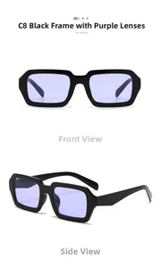 Détails de lunettes de soleil rectangulaires avec monture noire et verres violets sous deux angles