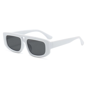 Modern white chunky square frame sunglasses with dark grey lenses and V-shaped detail