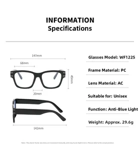 Detailed size chart for retro square black frame glasses with blue light blocking data