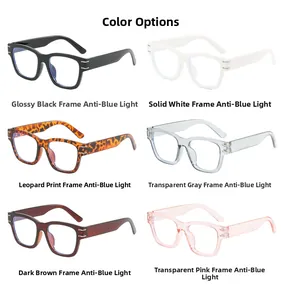 Detail view of square eyeglass frames in six colors with anti-blue light lenses