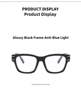Front view of black square frame glasses with anti-blue light coating and metal hinge detail