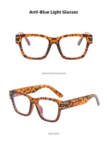 Detail of tortoiseshell square glasses frame showing front and side anti-blue light views