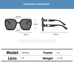 Detailed specs of oversized black PC sunglasses with cutout metal hollow temples