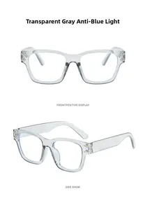 Front and side view of transparent gray square glasses with anti-blue light lenses